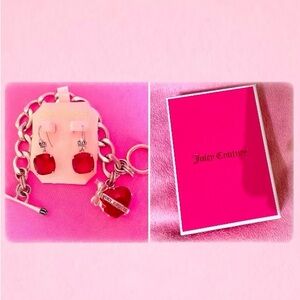 Juicy Couture Set Pink Fuchsia Earrings Heart Charm Bow Bracelet Matching Silver